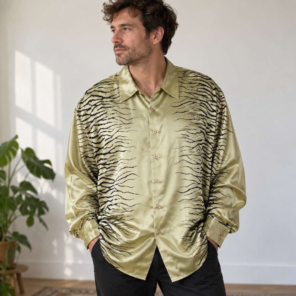 VTG Joey Richi Mens 3XL Silk Shirt Zebra Stripe Champagne Long Sleeve Lounge Y2K